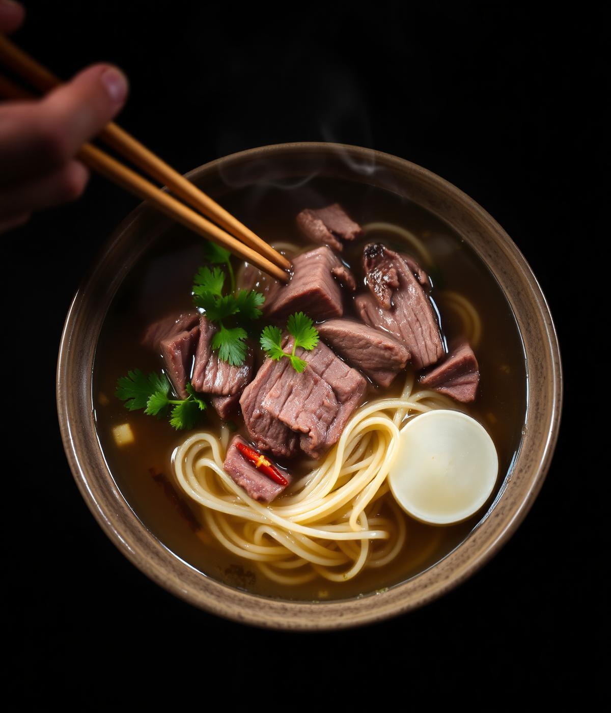Steaming bowl of hand-pulled Lanzhou beef noodles